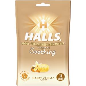 Halls Cough Suppressant/Oral Anesthetic, Drops, Honey Vanilla Flavor, Soothe