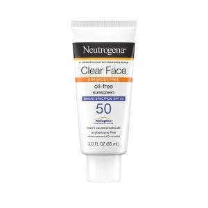 Neutrogena Clear Face Liquid Lotion Sunscreen For Acne-Prone Skin, Broad Spectrum SPF 50 UVA/UVB Protection, Oil-, Fragrance- & Oxybenzone-Free Facial Sunscreen, Non-Comedogenic, 3 Fl. Oz