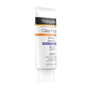 Neutrogena Clear Face Liquid Lotion Sunscreen For Acne-Prone Skin, Broad Spectrum SPF 50 UVA/UVB Protection, Oil-, Fragrance- & Oxybenzone-Free Facial Sunscreen, Non-Comedogenic, 3 Fl. Oz