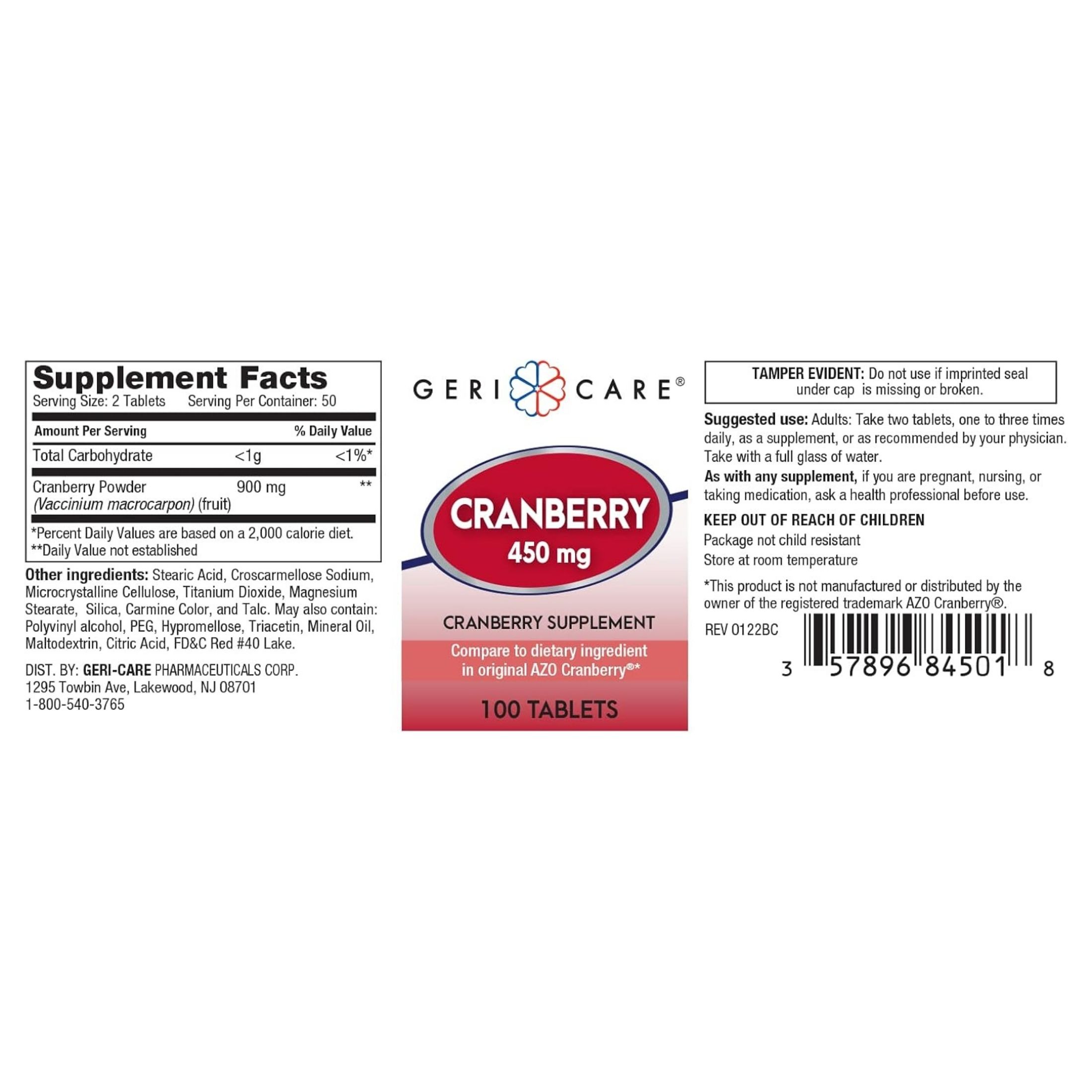 GeriCare Cranberry Supplement Pills 450 Mg, 100 Tablets