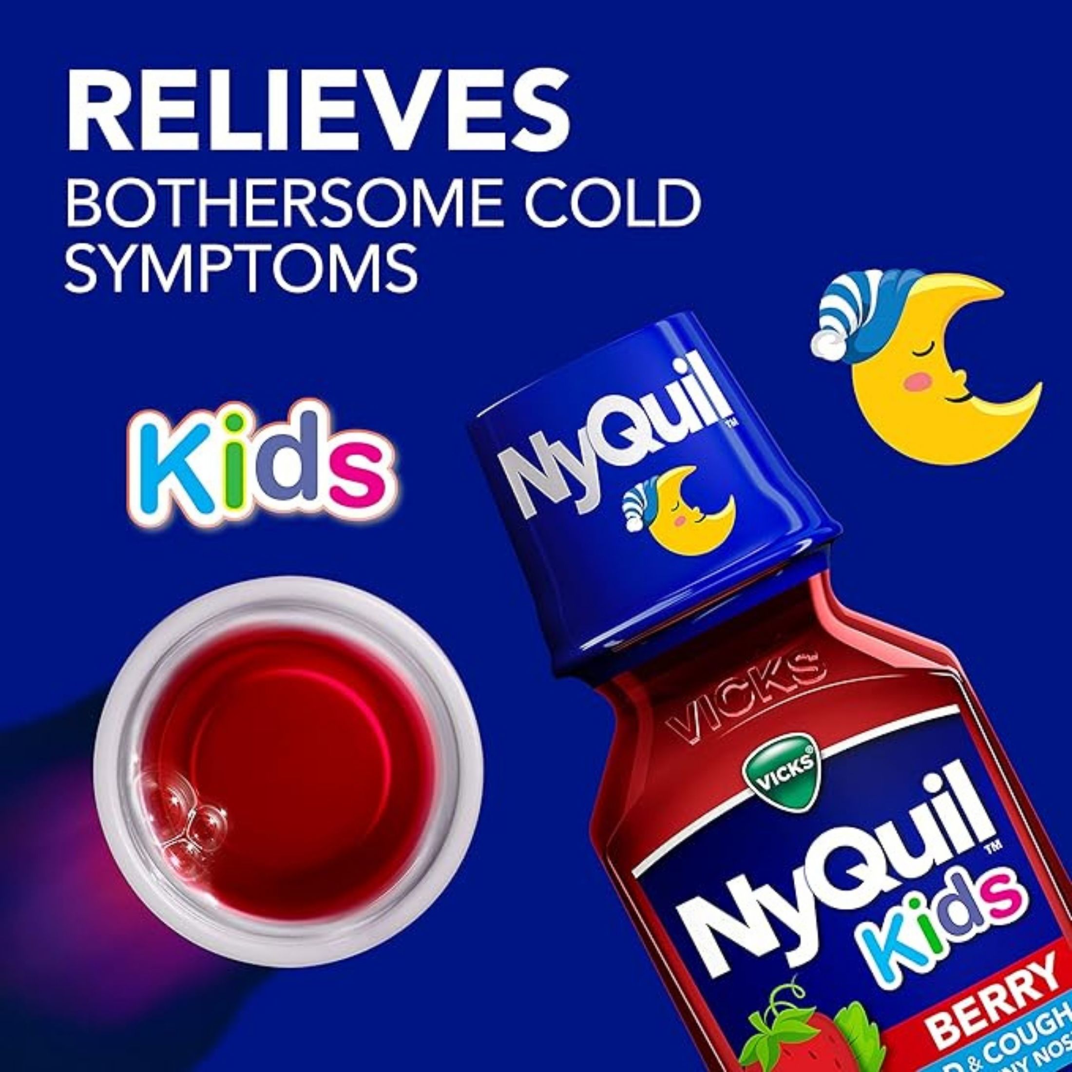 Vicks Cold & Cough + Runny Nose, Nighttime Relief, Berry, Kids, Ages 6+ 8 Fl Oz