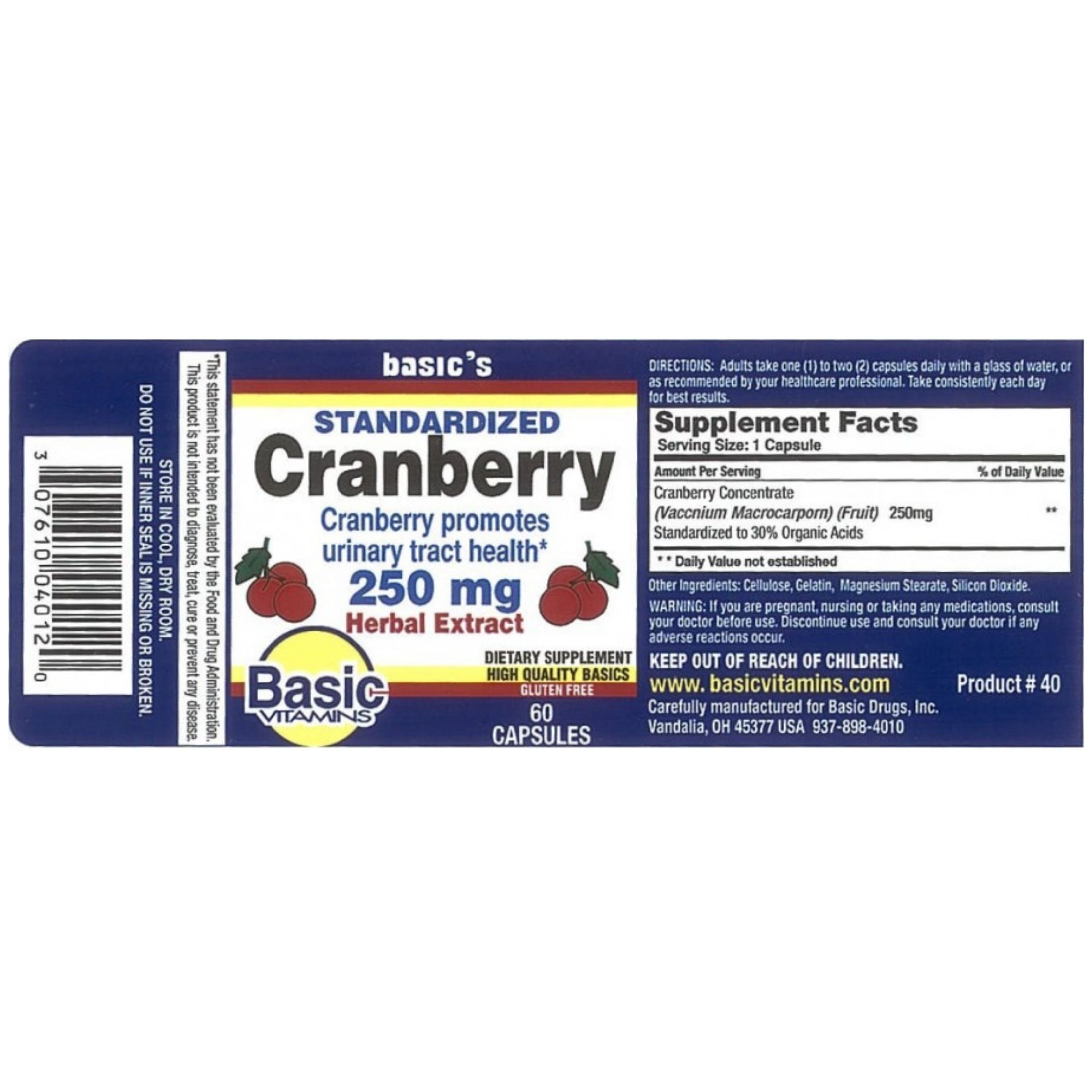 Basic Vitamins Cranberry 250 Mg Herbal Extract Capsules