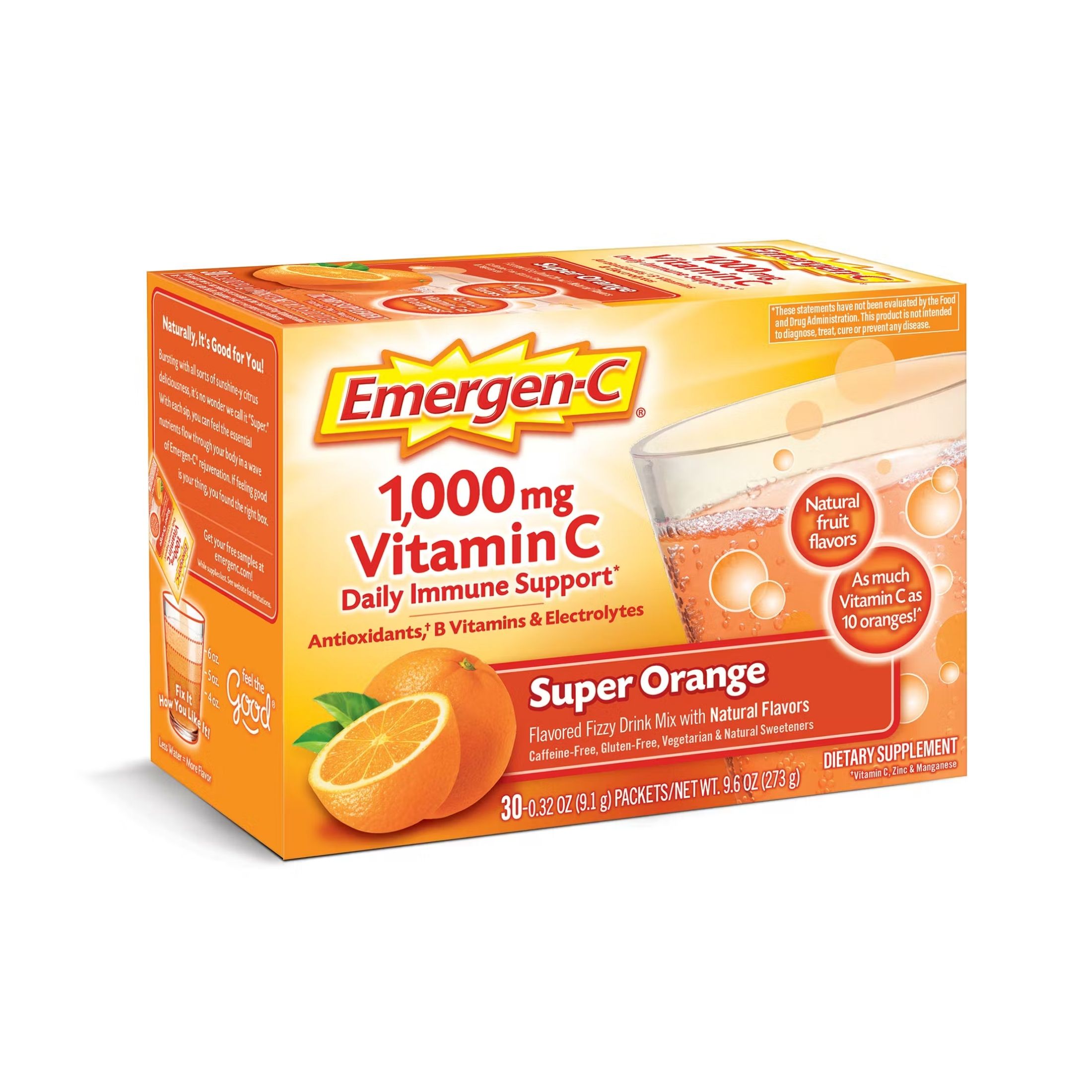 Emer'gen-C 1000 Mg Vitamin Powder Fizzy Drink Mix, Super Orange, 10 Ct, W/ Antioxidants, B Vitamins & Electrolytes For Immune Support, Caffeine Free