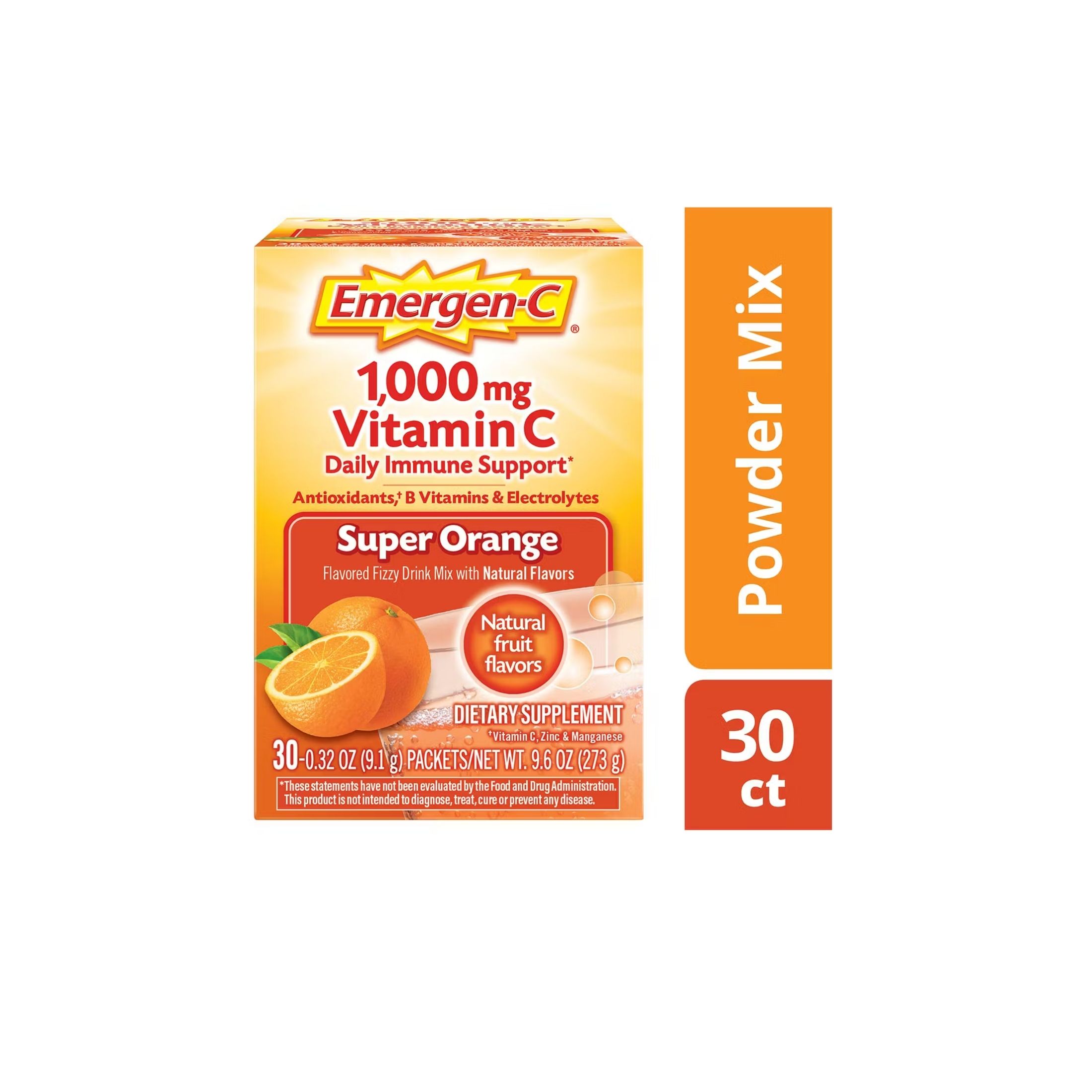 Emer'gen-C 1000 Mg Vitamin Powder Fizzy Drink Mix, Super Orange, 10 Ct, W/ Antioxidants, B Vitamins & Electrolytes For Immune Support, Caffeine Free
