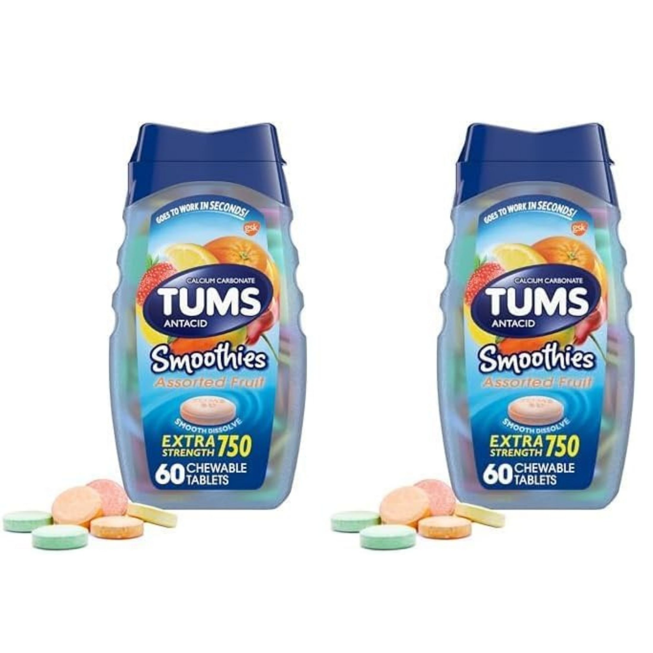 Tums Smoothies Chewable Extra Strength Antacid Tablets For Heartburn Relief, Assorted Fruit