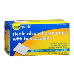 Sunmark Sterile Alcohol Prep Pads, With Benzocaine - 100 Pads