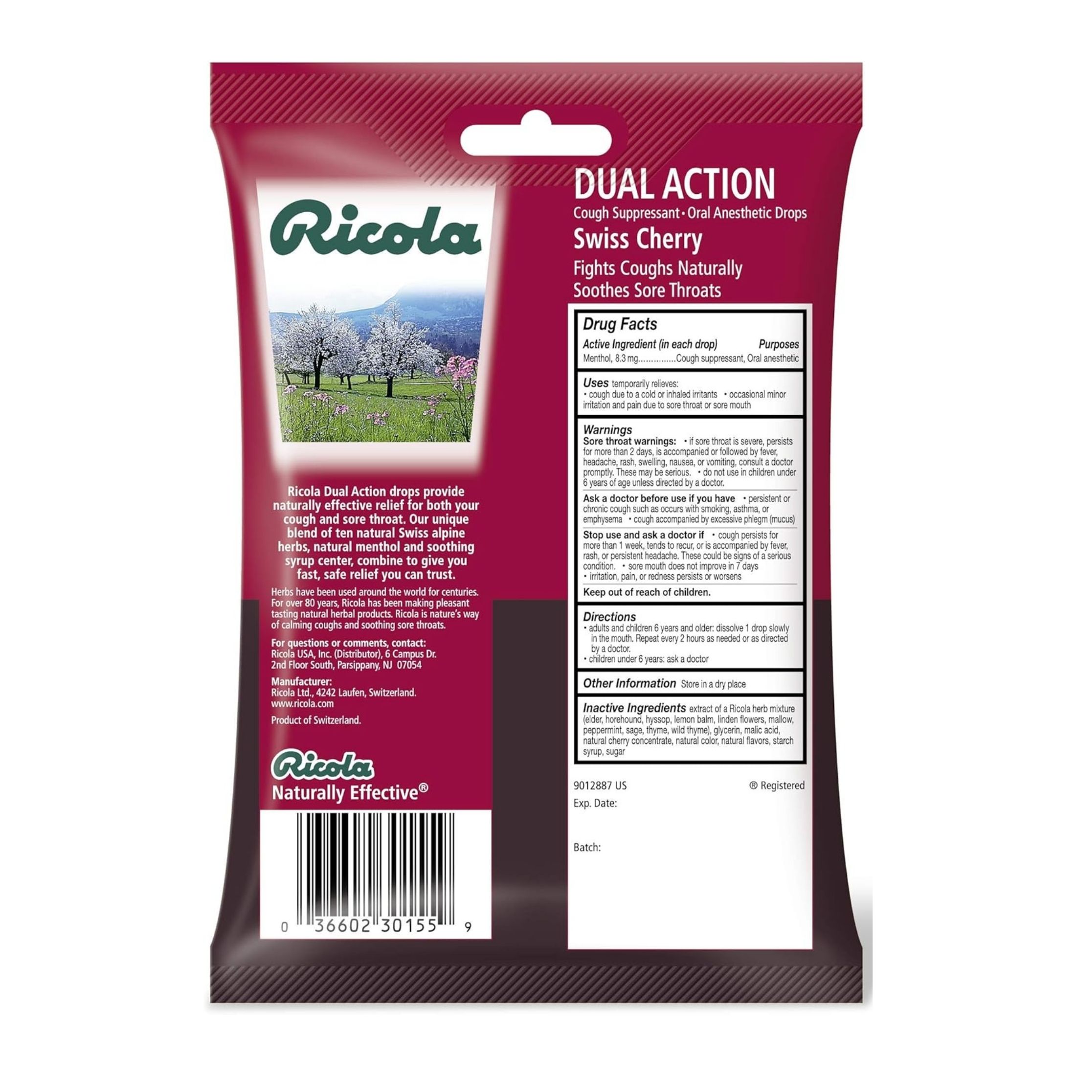 Ricola Cough Suppressant Drops, Dual Action, Swiss Cherry