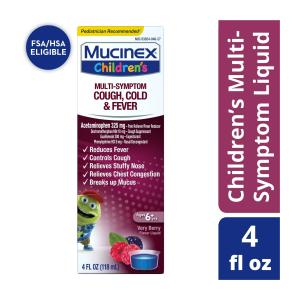 Mucinex Children's Multi Symptom Cough, Cold And Fever Liquid, Very Berry, 4 Ounce (Packaging May Vary)