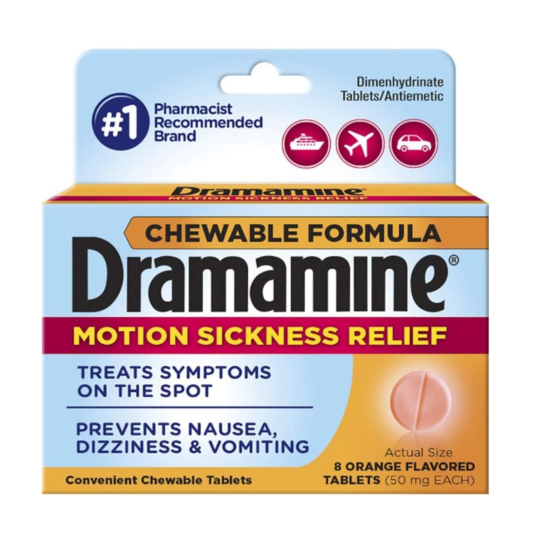 Dramamine Chewable Tablets 50 Mg Orange Flavored Motion Sickness Relief