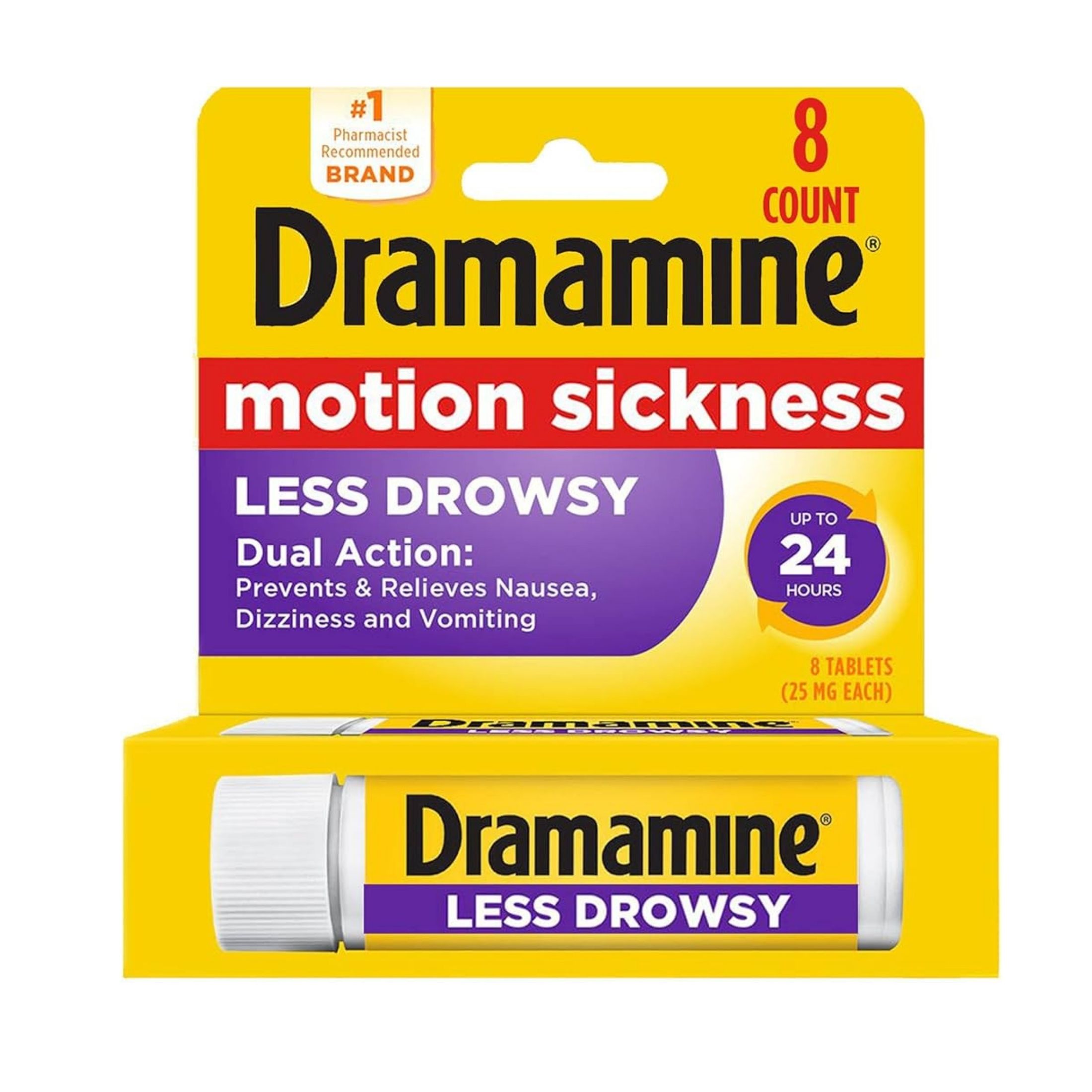 Dramamine All Day Less Drowsy Motion Sickness Relief Tablets, 25 Mg, 8 Count