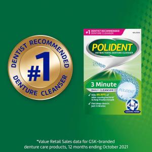Polident 3 Minute Triple Mint Antibacterial Denture Cleanser Effervescent Tablets