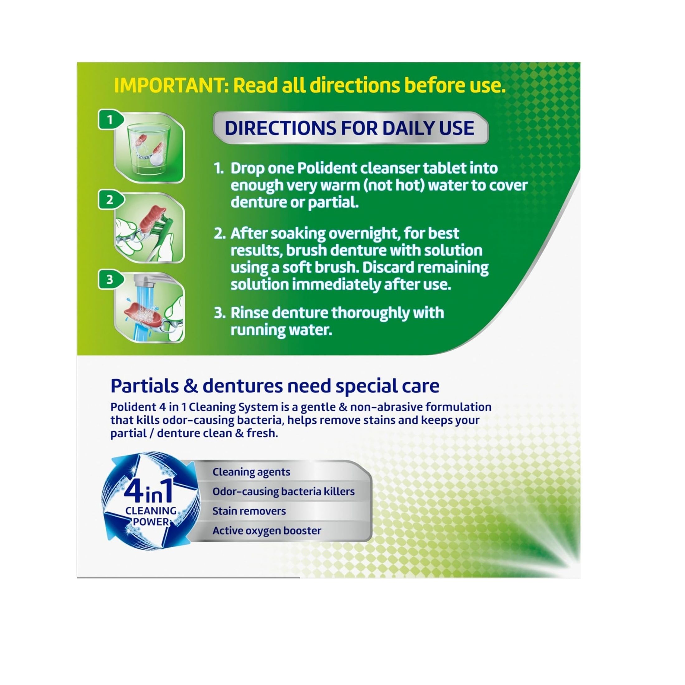 Polident Antibacterial Denture Cleanser, Overnight Whitening, 4 In 1 Cleaning Power, Tablets