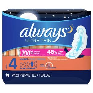 Always Ultra Thin With Wings, Size 4, Overnight, 14 Pads