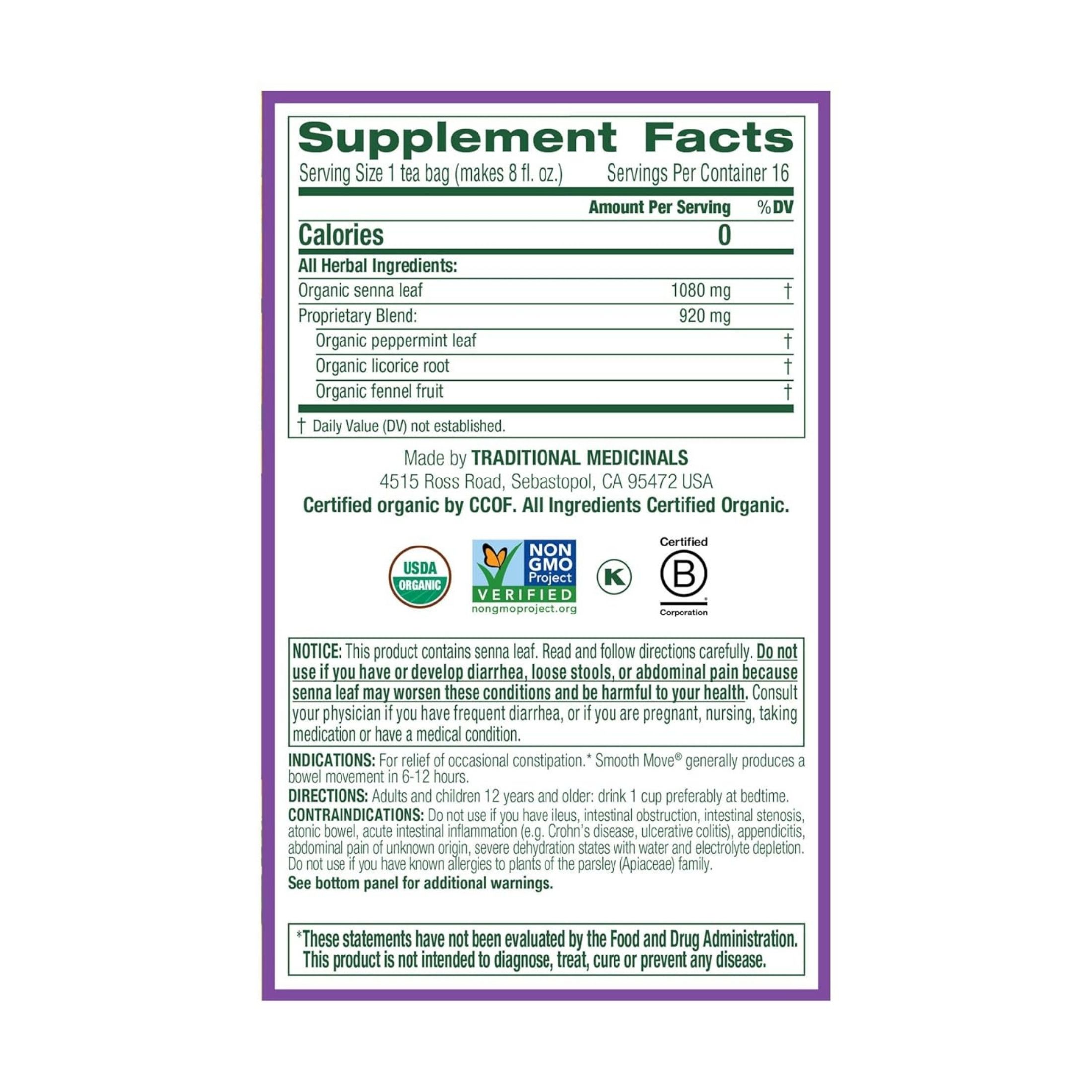 Traditional Medicinals Organic, Original With Senna, Smooth Move, Bags Herbal Tea