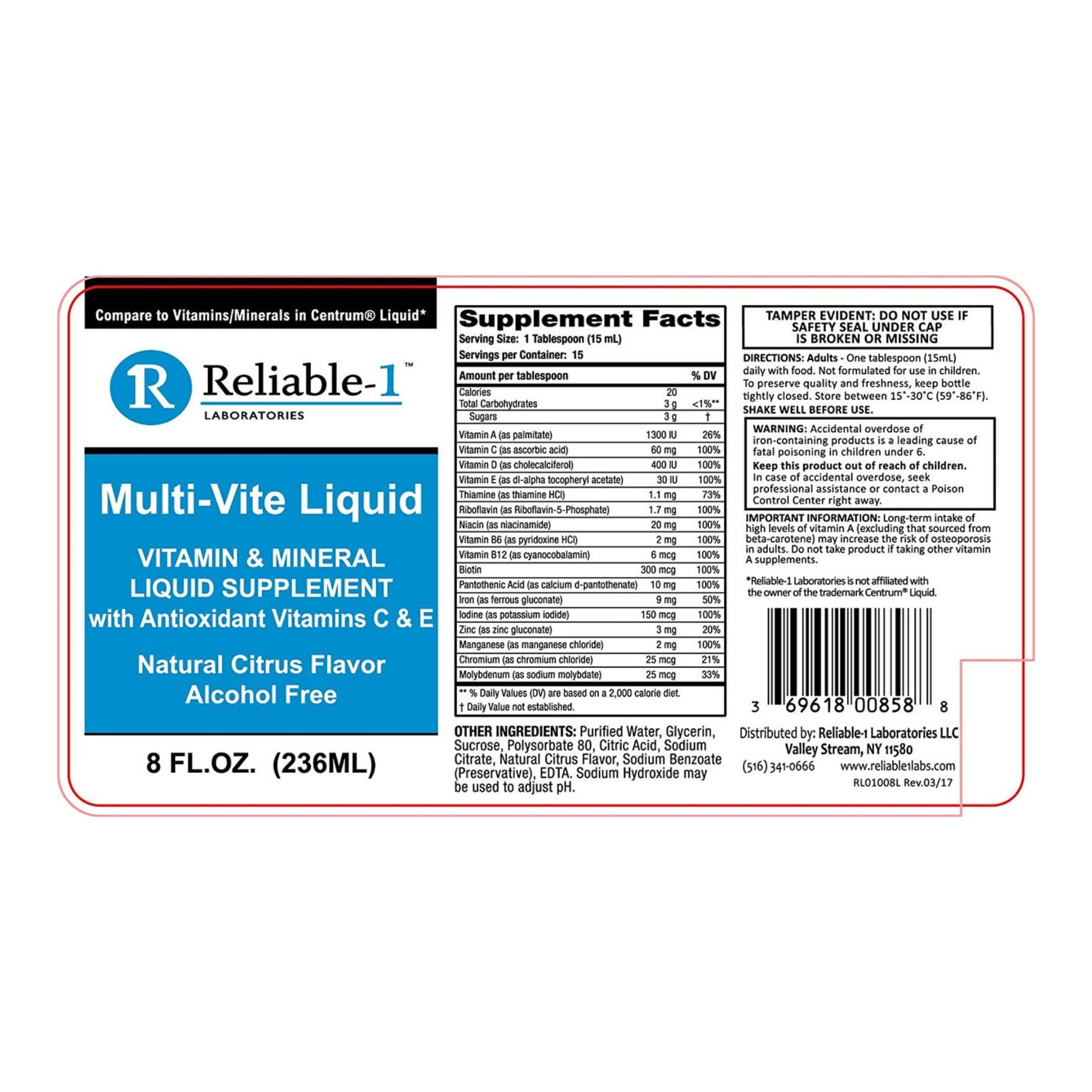 Reliable-1 Laboratories Multi Vite Liquid Natural Citrus Flavor - 8 Oz