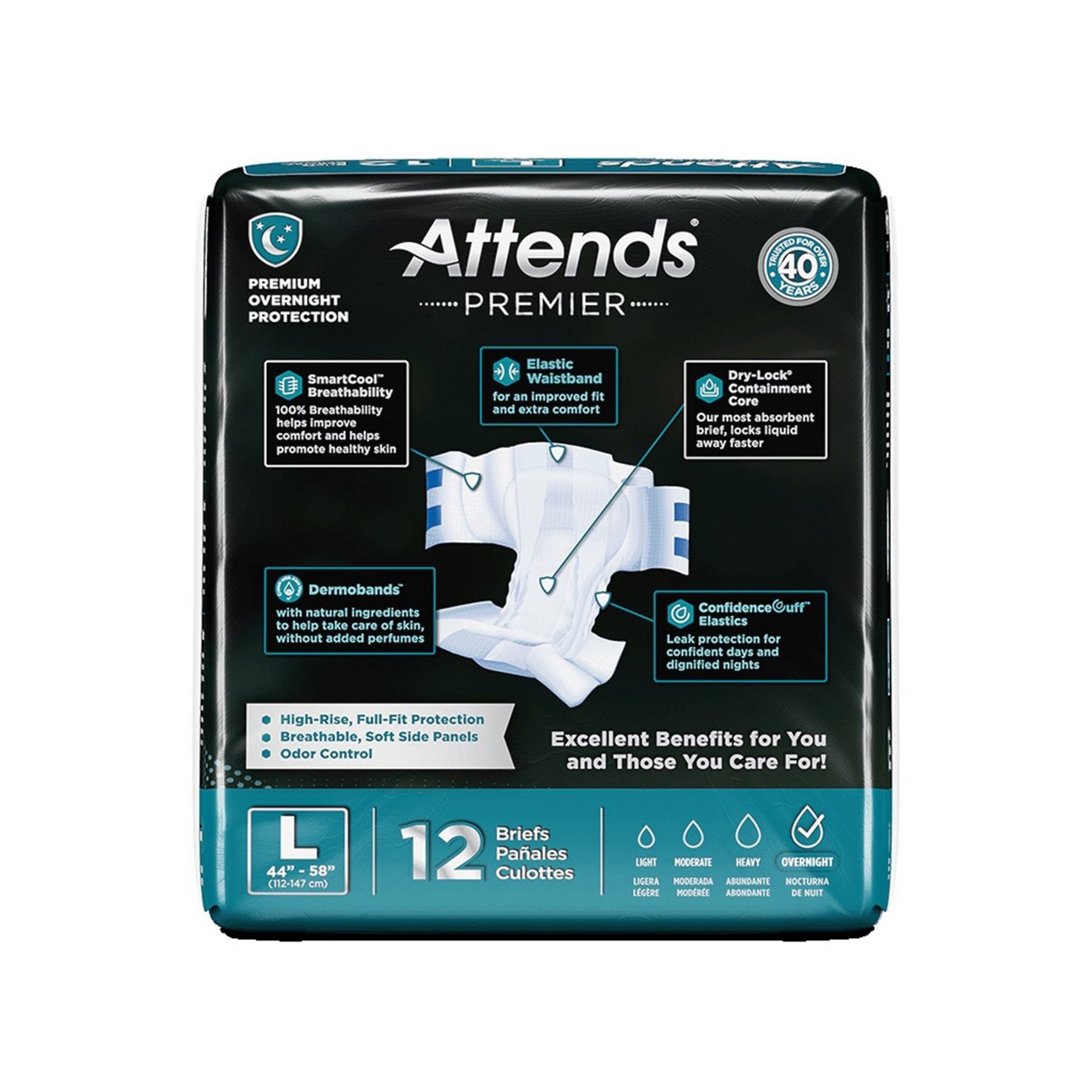 Attends Premier Heavy Absorbency Briefs With Tab Closure, Large, 12/BG
