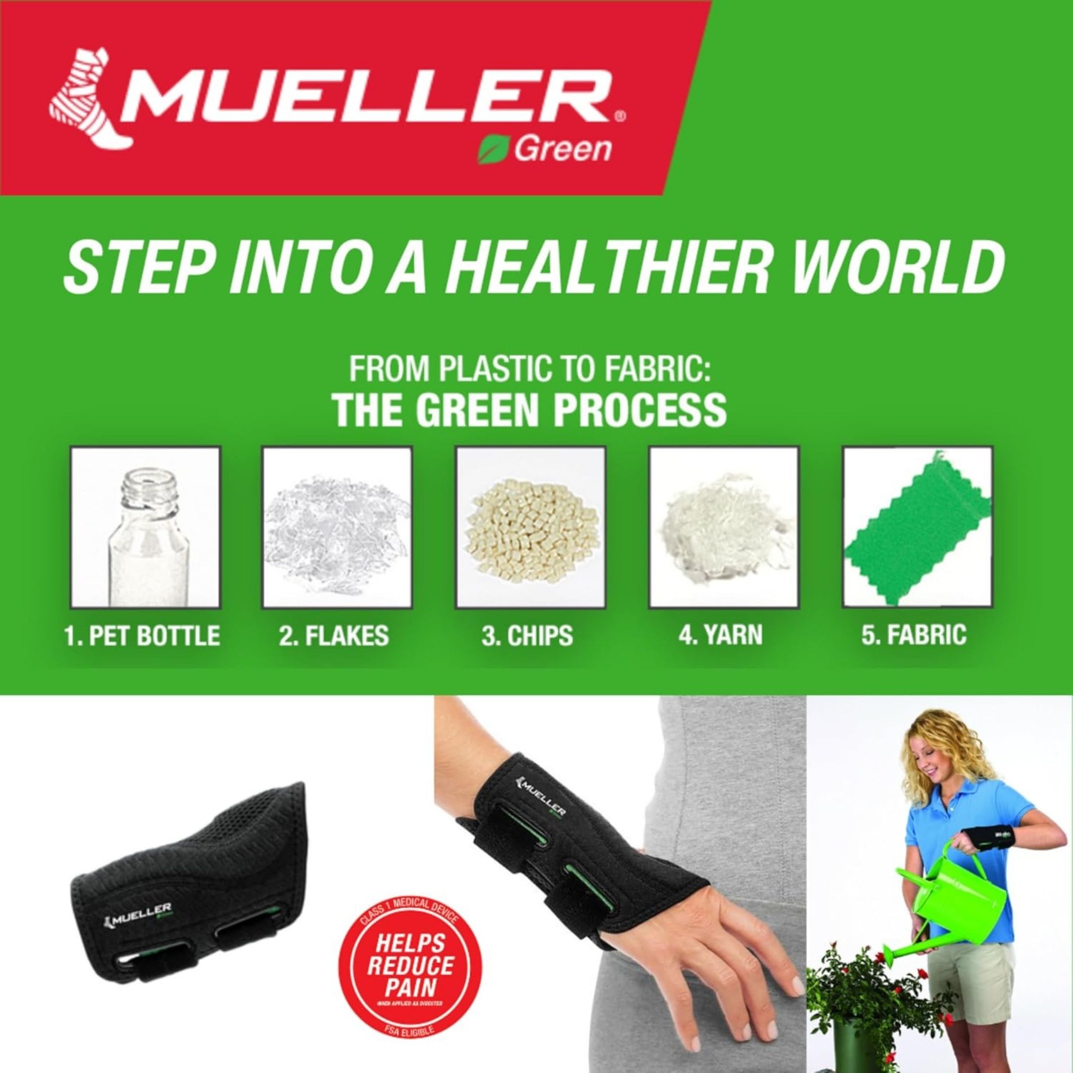 Mueller Green Fitted Wrist Brace, Left, One Size Fits Most