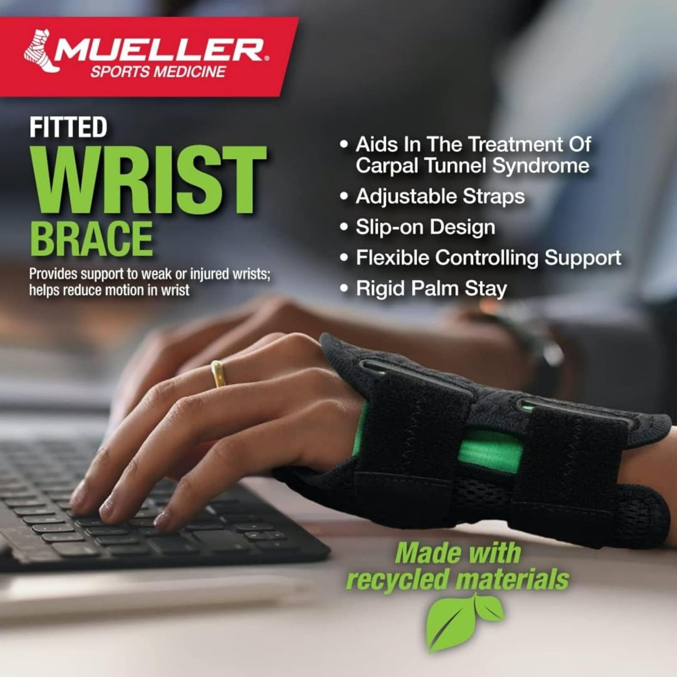 Mueller Green Fitted Wrist Brace, Left, One Size Fits Most