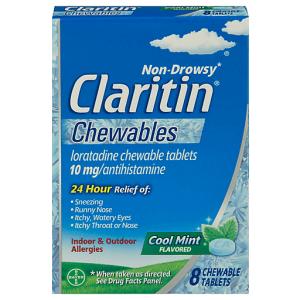 Claritin Non-Drowsy Cool Mint Flavored Loratadine 10 Mg Chewable Tablets 8 Ea Box