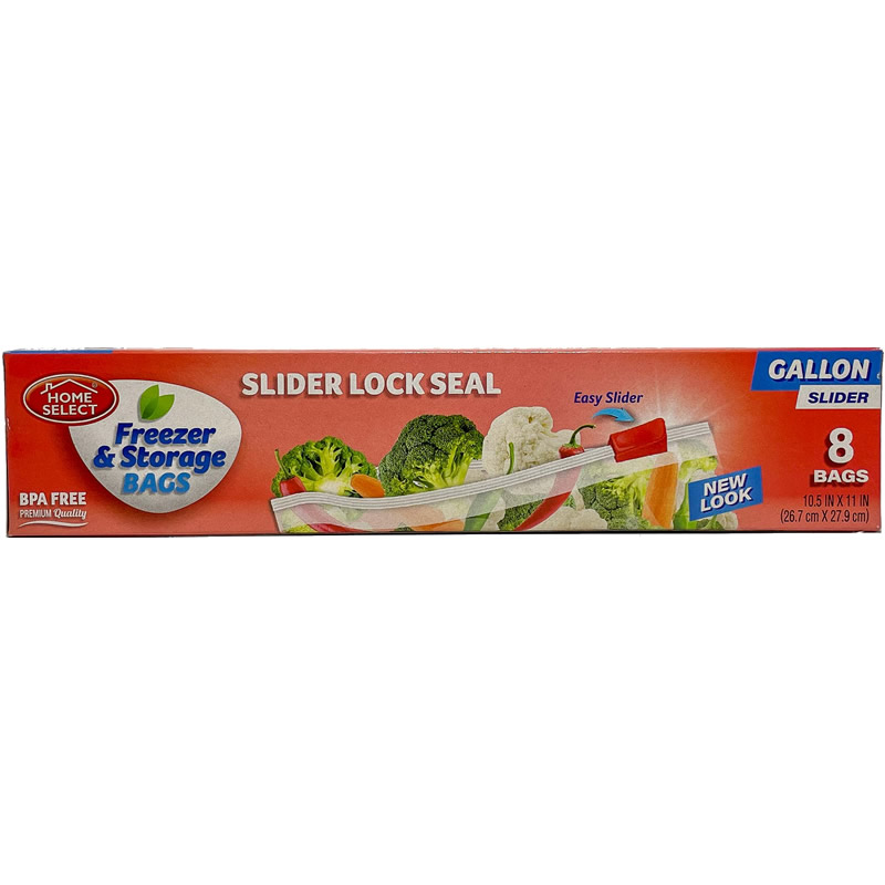 Home Select Freezer Storage Bags, Slide & Seal, Gallon, 8 Ct, 10.55" X 11"