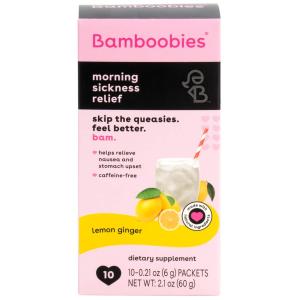 Bamboobies Women’s Morning Sickness Relief Drink Mix, Lemon Ginger, Supplement Packets For Nausea And Upset Stomach, 10 Packets Lemon Ginger