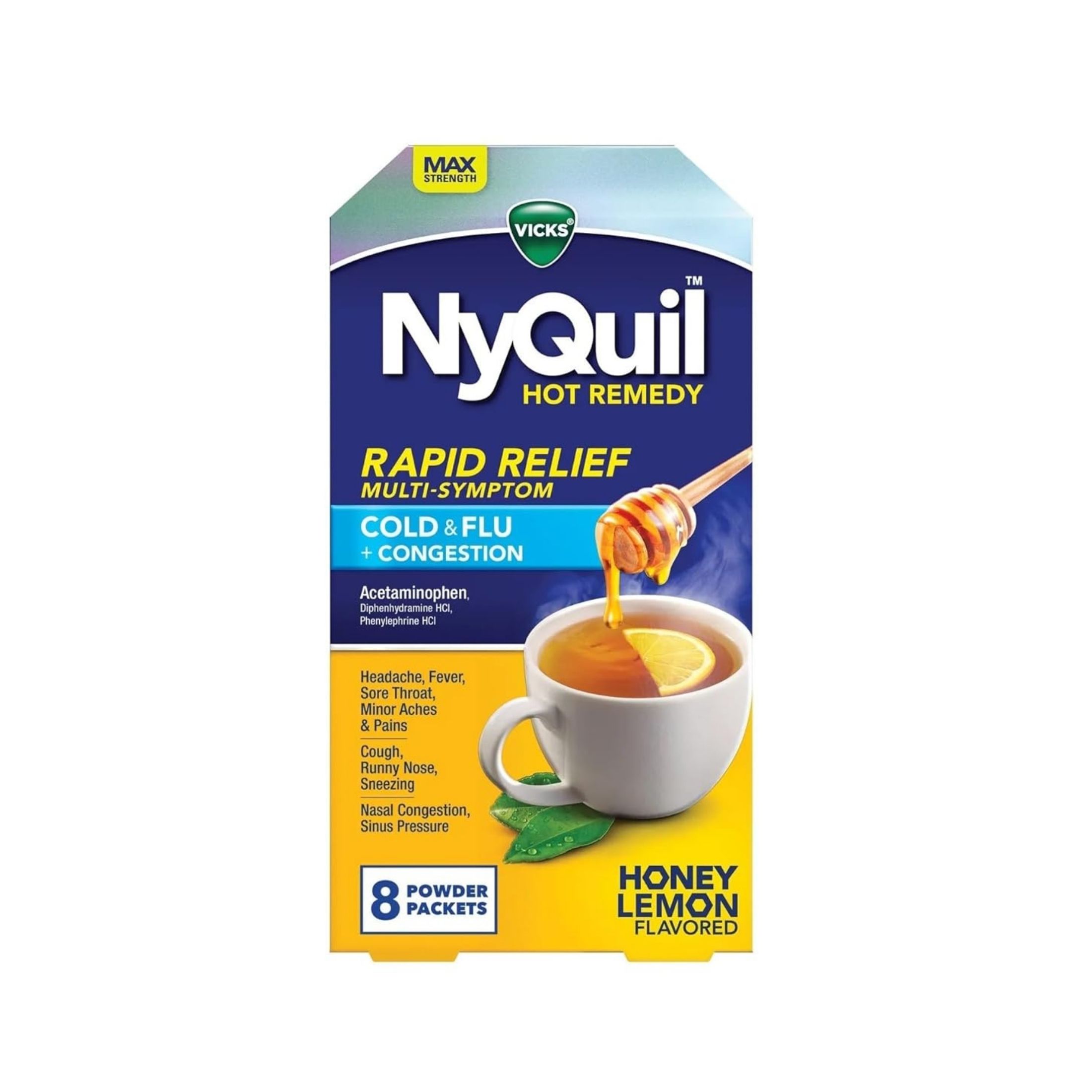 Vicks Cold & Flu + Congestion, Max Strength, Powder Packets, Honey Lemon Tea Flavor