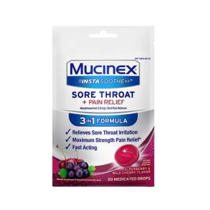 Mucinex InstaSoothe Sore Throat + Pain Relief, 3 In 1 Formula, Medicated Drops, Elderberry & Wild Cherry Flavor