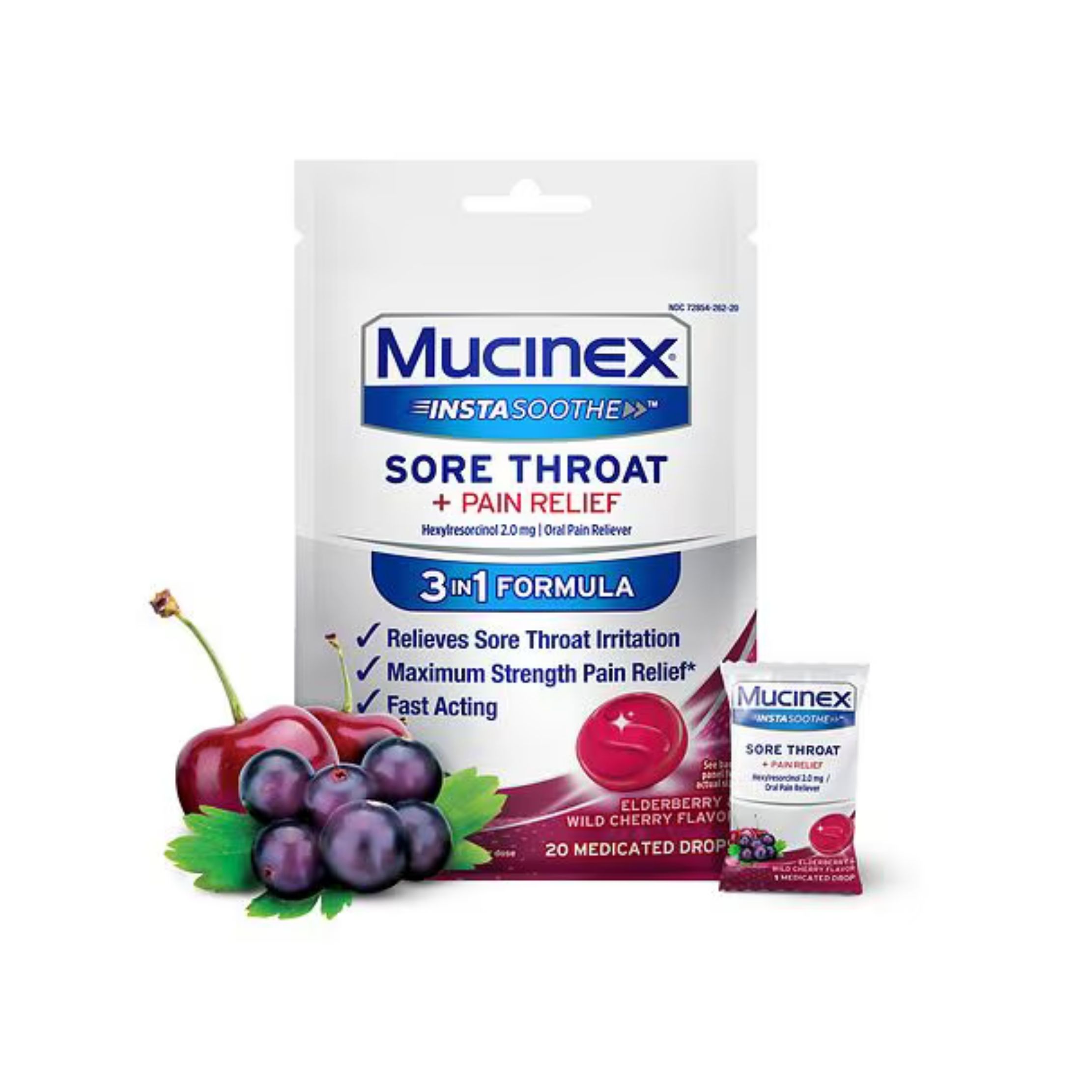Mucinex InstaSoothe Sore Throat + Pain Relief, 3 In 1 Formula, Medicated Drops, Elderberry & Wild Cherry Flavor