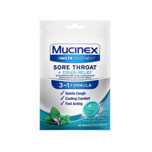 Mucinex Sore Throat + Cough Relief, 3 In 1 Formula, Medicated Drops, Alpine Herbs & Fresh Mint Flavor