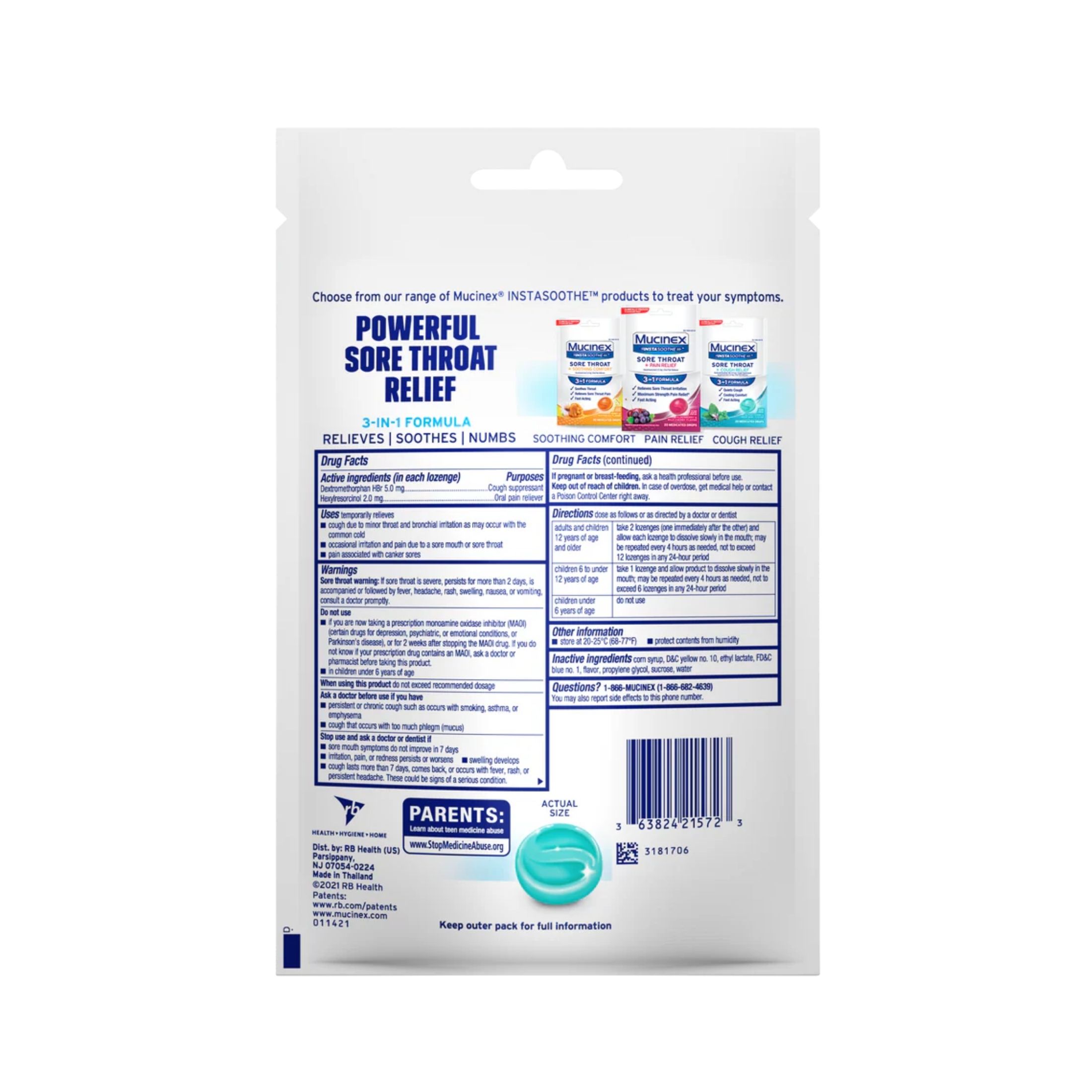 Mucinex Sore Throat + Cough Relief, 3 In 1 Formula, Medicated Drops, Alpine Herbs & Fresh Mint Flavor