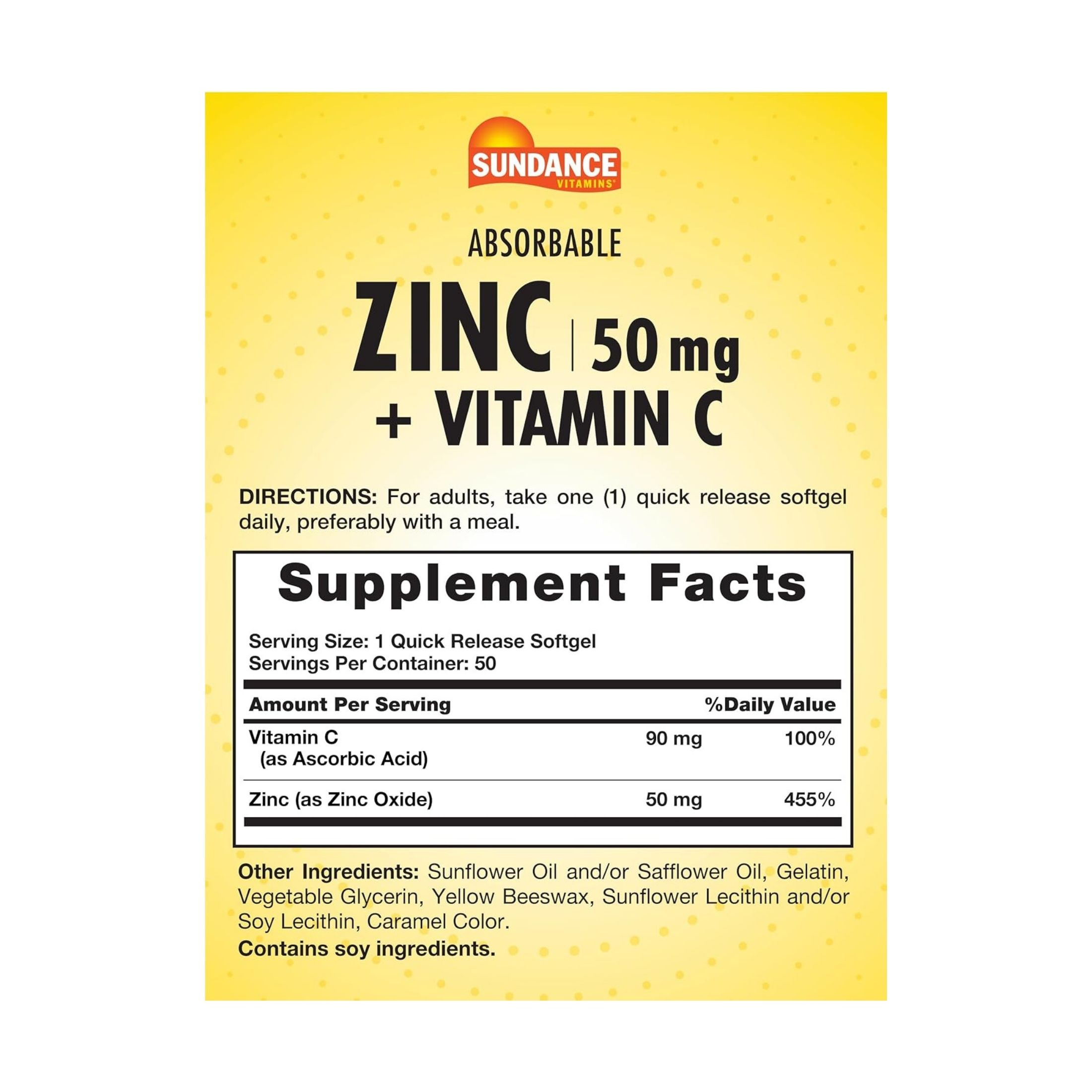 Sundance Vitamins Absorbable Zinc + Vitamin C, 50 Quick Release Softgels