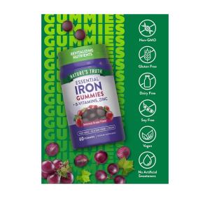 Nature's Truth Essential Iron + B-Vitamins & Zinc Vegan Gummies - Natural Grape Flavor 60ct