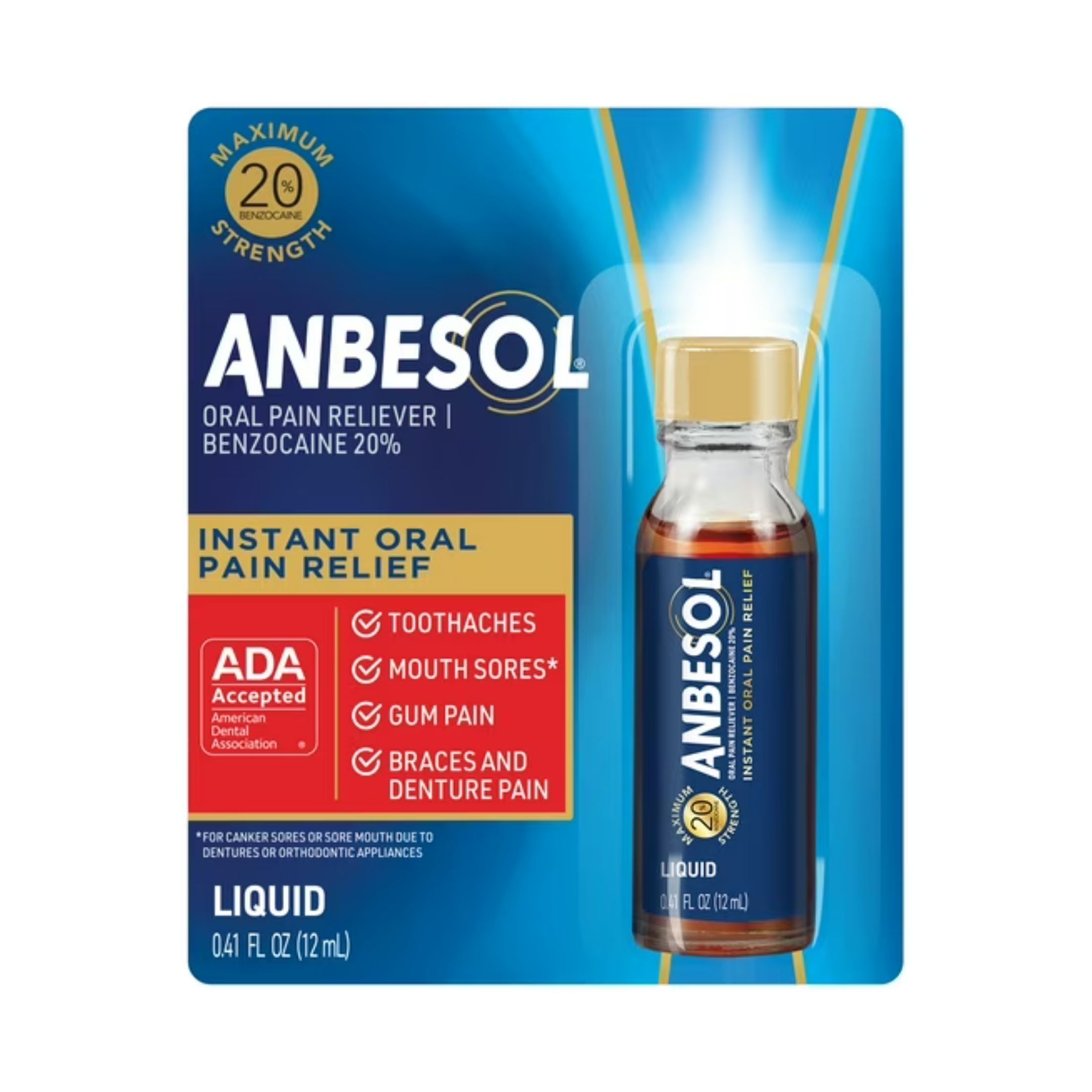 Anbesol Maximum Strength Liquid, Instant Oral Pain Relief 0.41 Fl Oz