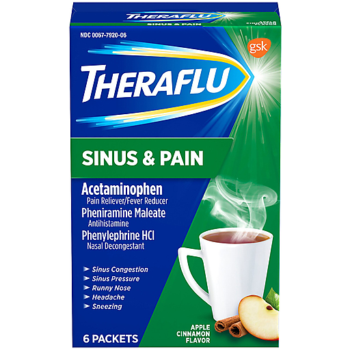 Theraflu Sinus And Pain Hot Liquid Powder Apple Cinnamon Flavor 6 Count Box