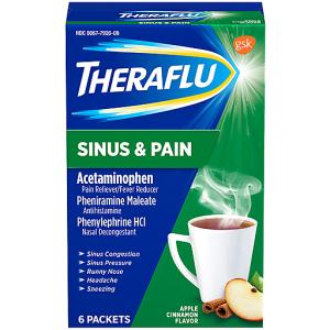 Theraflu Sinus And Pain Hot Liquid Powder Apple Cinnamon Flavor 6 Count Box