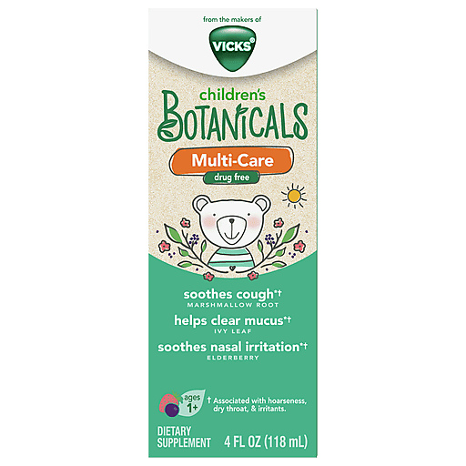 Vicks Children’s Botanicals Cough Syrup + Mucus + Nasal*, Day, Drug Free, Free Of Medicine, Delicious Kids’ Berry Flavor, 4 Fl Oz, Ages 1