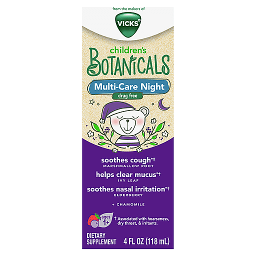 Vicks Children’s Botanicals Cough Syrup + Mucus + Nasal*, Night, Drug Free, Free Of Medicine, Delicious Kids’ Berry Flavor, 4 Fl Oz, Ages 1