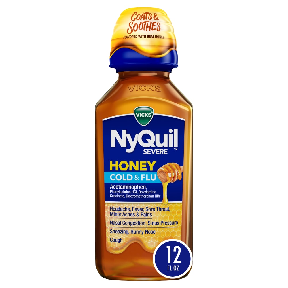 Vicks NyQuil Severe Honey Cold And Flu Medicine, Maximum Strength, Relieves Cough, Sore Throat, Fever, Congestion, 12 Oz