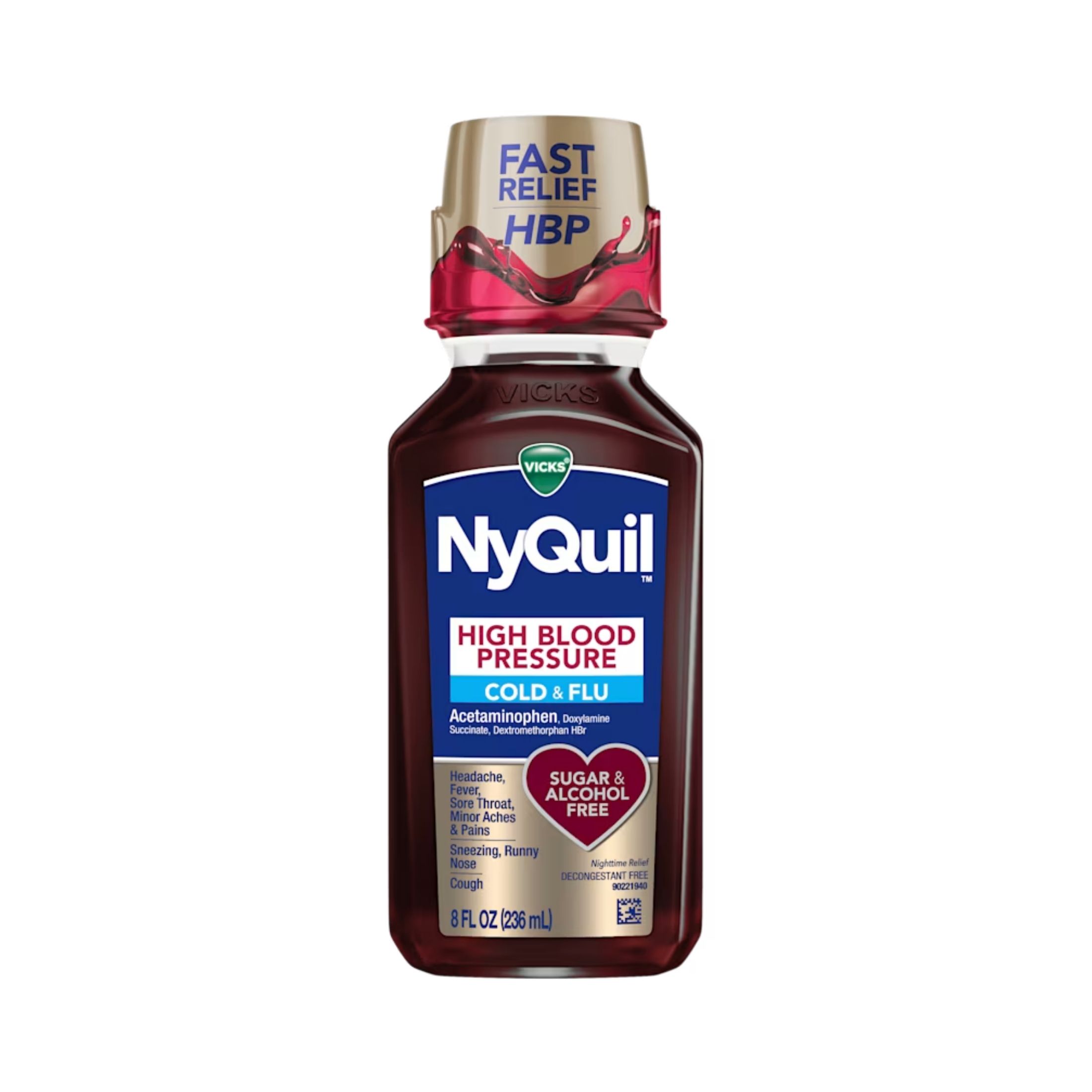 Vicks NyQuil High Blood Pressure Cold And Flu Relief Liquid Medicine, 8 Fl Oz