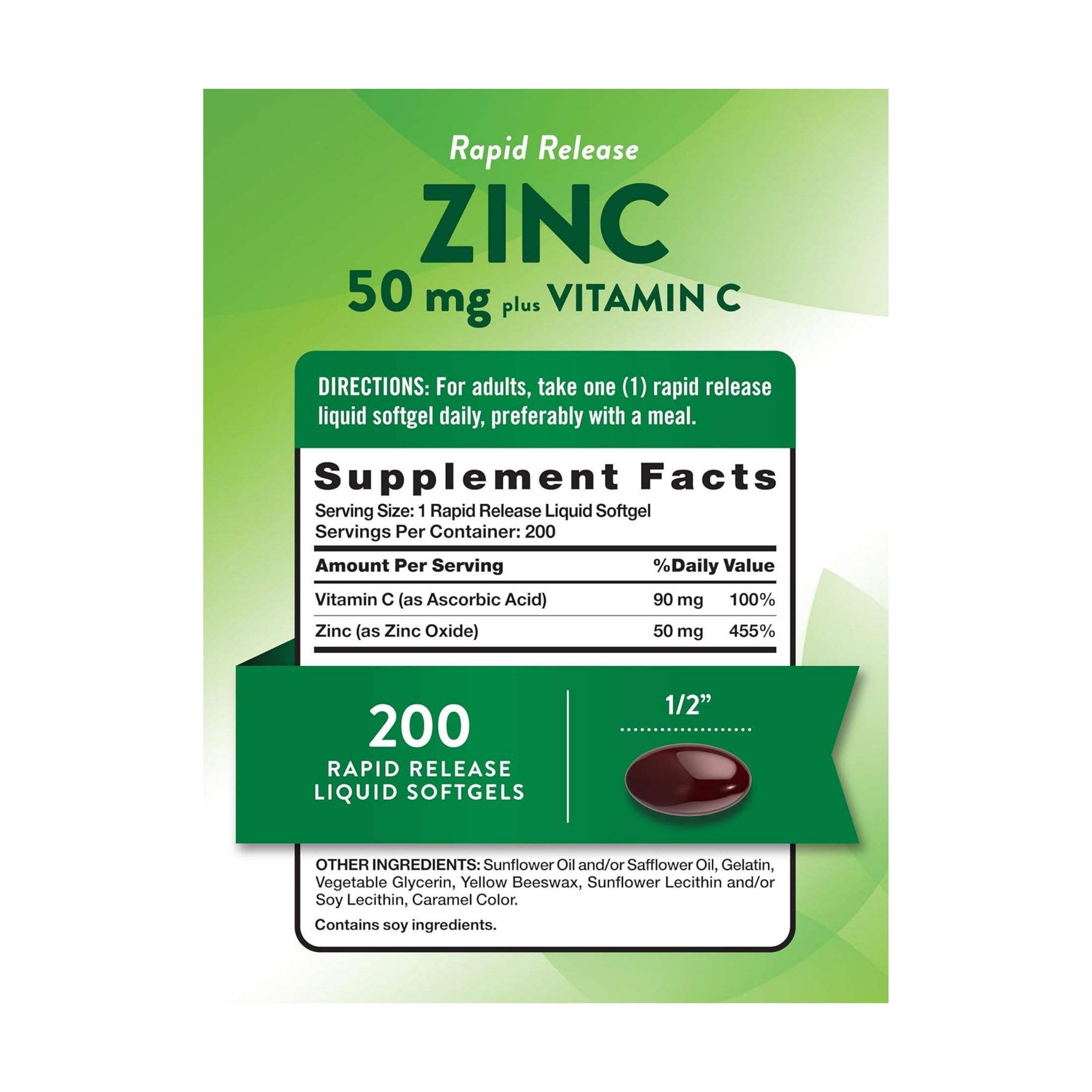 Nature's Truth Zinc 50mg Plus Vitamin C Rapid Release Liquid Softgels 120ct