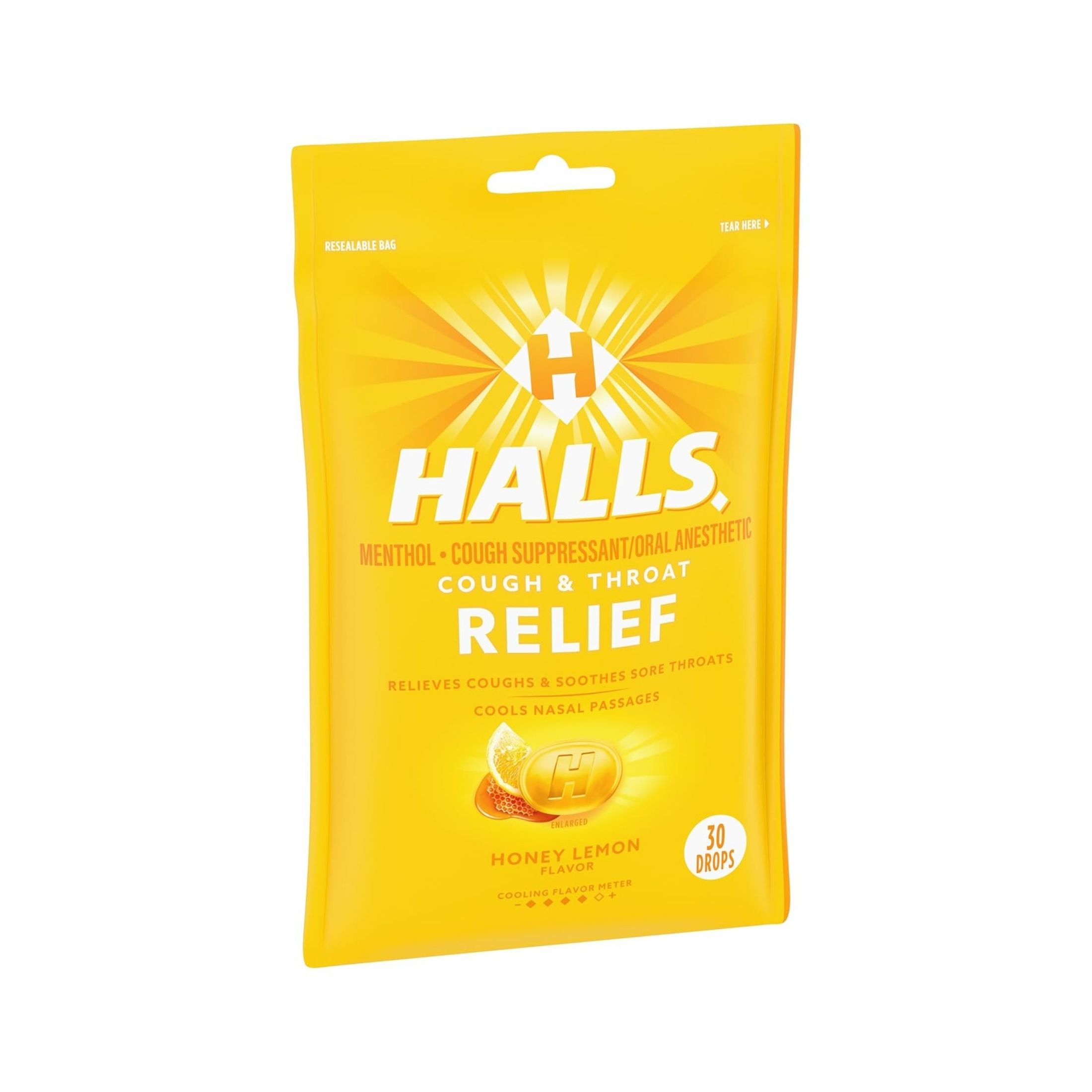 Halls Cough & Throat Relief Honey Lemon Flavor Menthol Drops