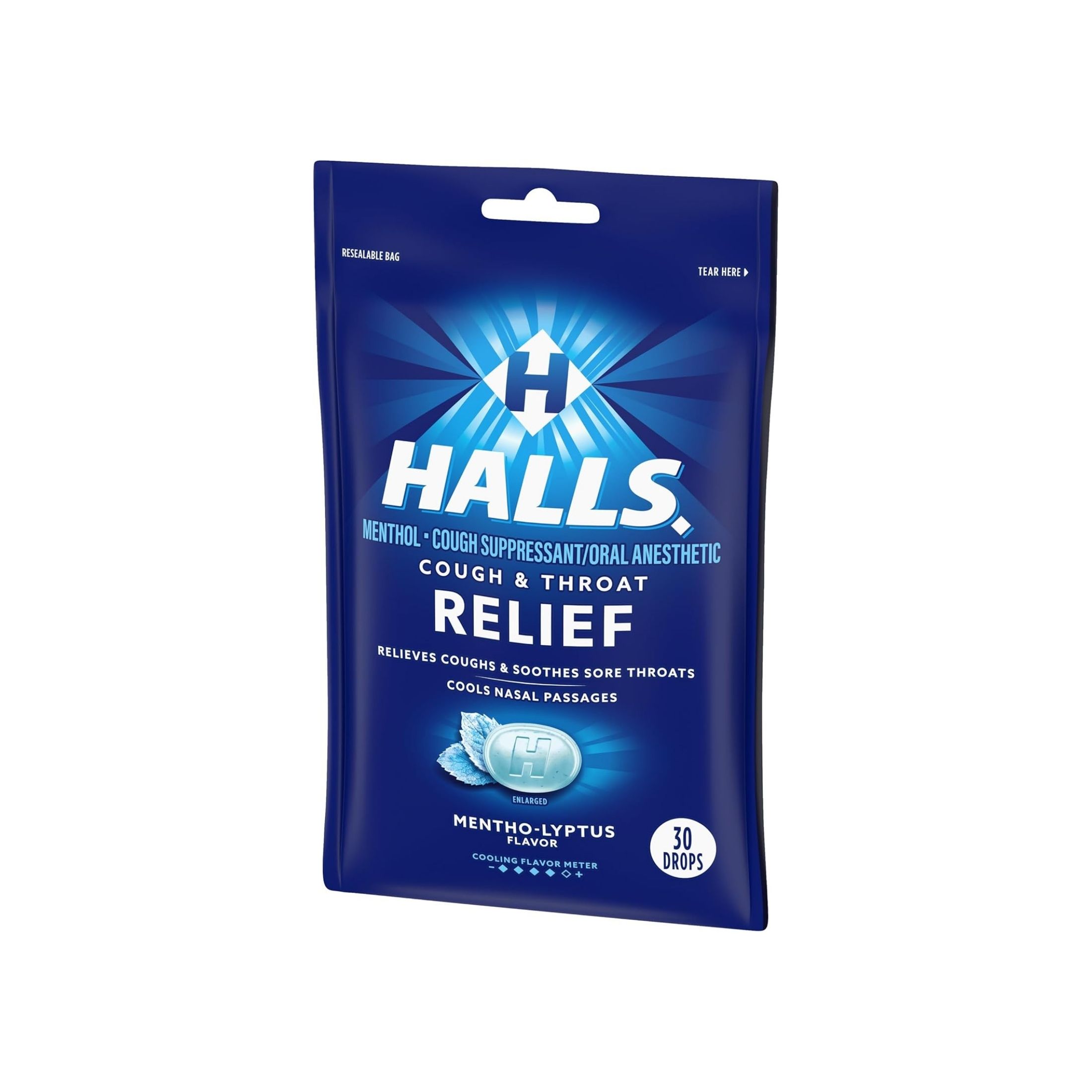Halls Cough & Throat Relief Mentho-Lyptus Flavor Menthol Drops, 30 Count