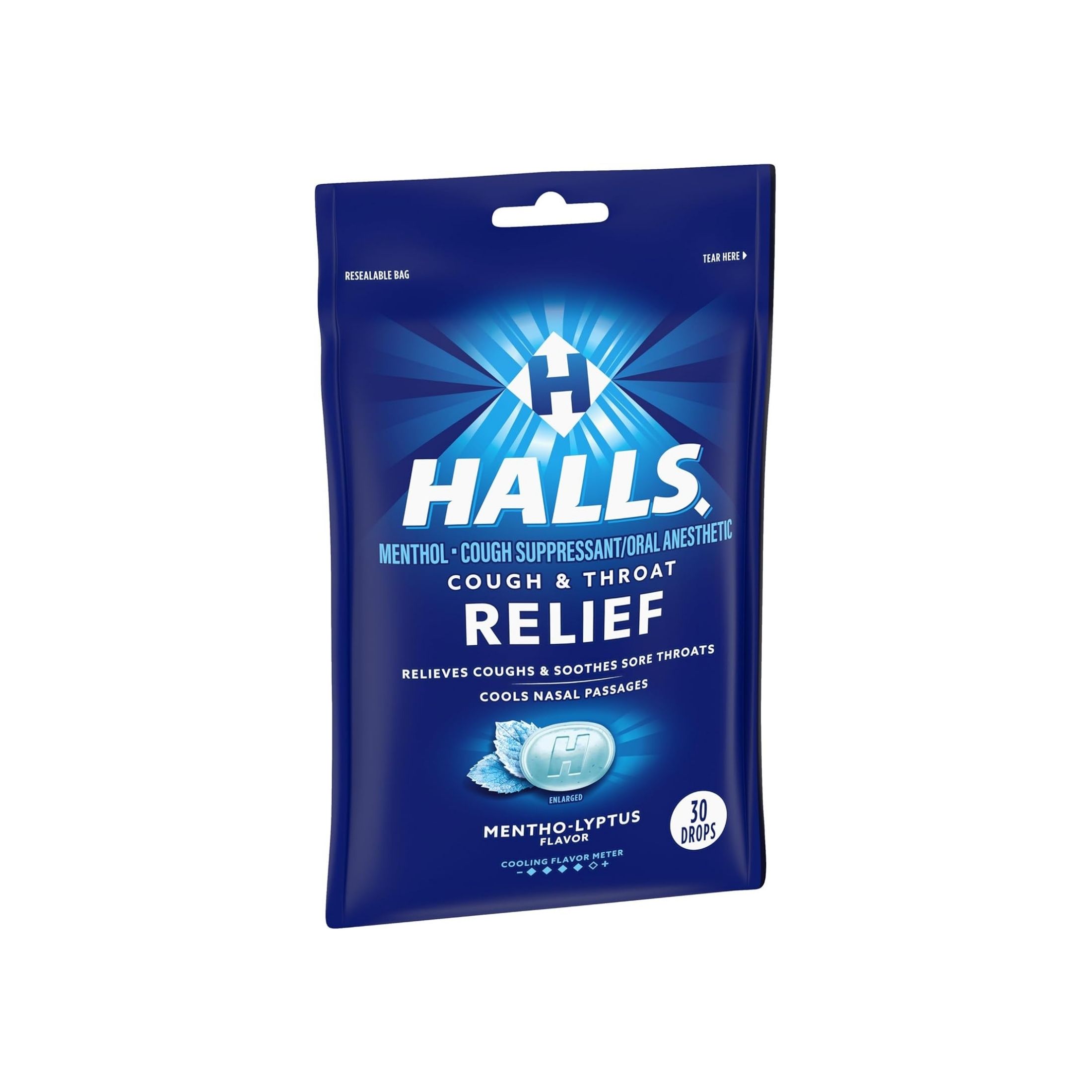 Halls Cough & Throat Relief Mentho-Lyptus Flavor Menthol Drops, 30 Count
