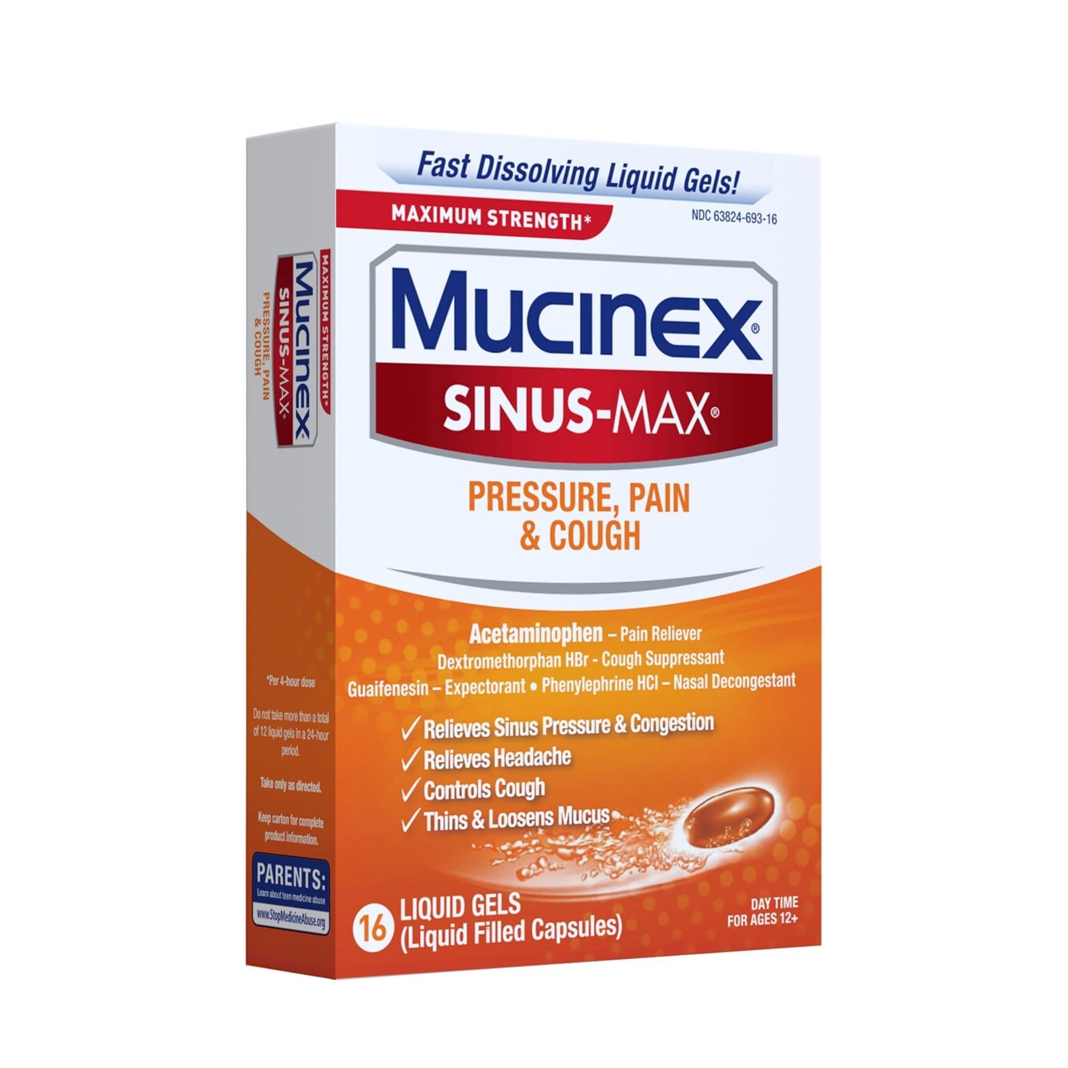 Mucinex Sinus Max Daytime Maximum Strength Pressure, Pain & Cough 16 Liquid Gels