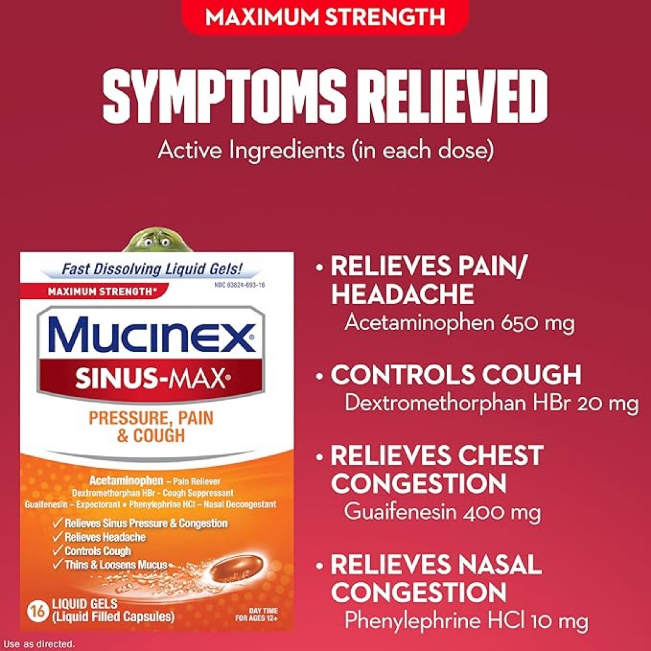 Mucinex Sinus Max Daytime Maximum Strength Pressure, Pain & Cough 16 Liquid Gels