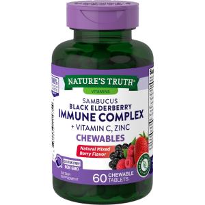 Nature's Truth Sambucus Black Elderberry Immune Complex Plus Vitamin C & Zinc, Natural Mixed Berry, 60 Chewable Tablets