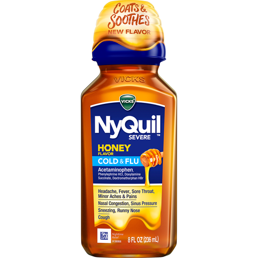 Vicks NyQuil SEVERE Honey Cold And Flu Medicine, 8 Oz, Maximum Strength, Relieves Cough, Sore Throat, Fever, Congestion