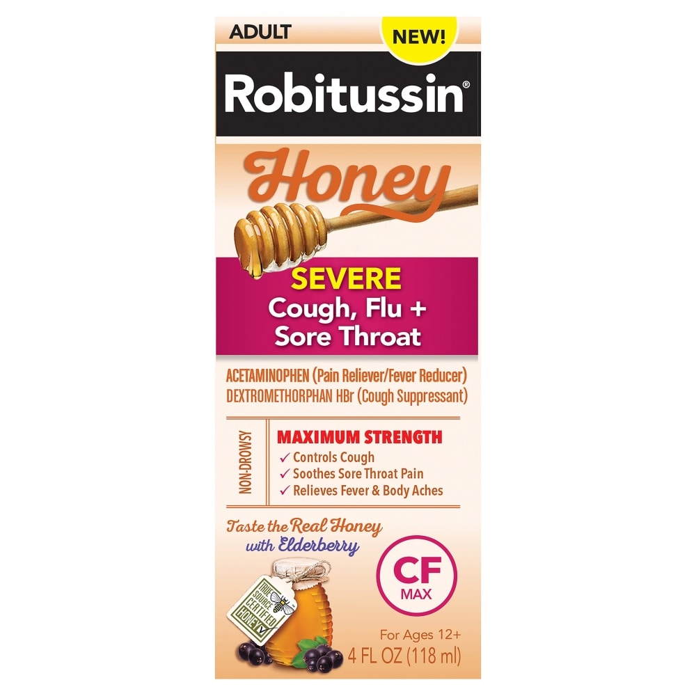 Robitussin Honey CF Max Day Adult Syrup For Severe Cough, Sore Throat, & Flu With Real Honey, 4 Oz
