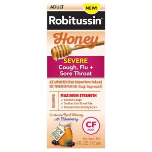 Robitussin Honey CF Max Day Adult Syrup For Severe Cough, Sore Throat, & Flu With Real Honey, 4 Oz