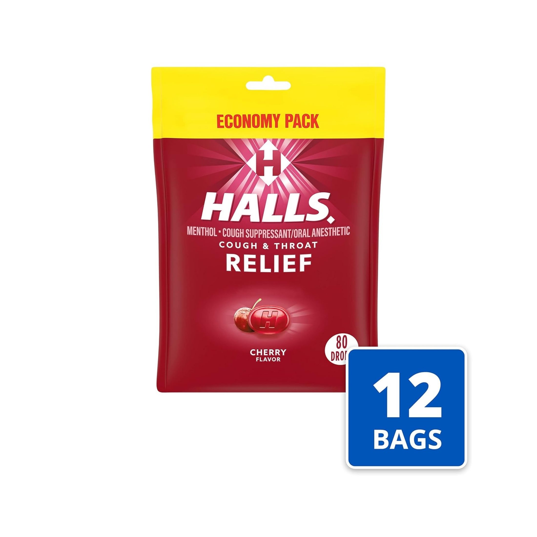 Halls Cough & Throat Relief, Cherry Flavor, Drops, Economy Pack